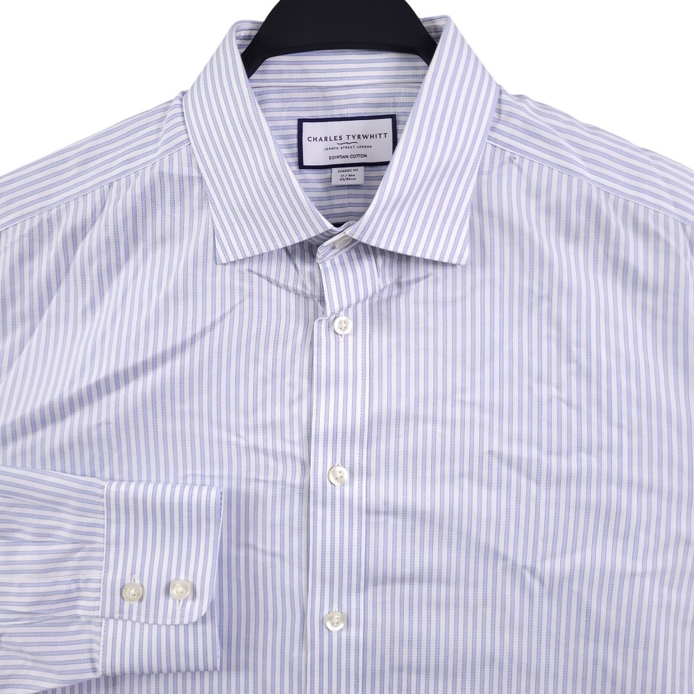 Charles Tyrwhitt Dress Shirt 17 34 Classic Fit White Blue Stripe Egyptian Cotton